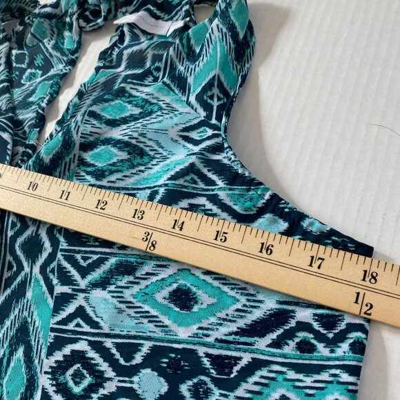 New York & Company Halter Top XS Teal Blue Tribal Print Blouse Ethnic Boho Artsy - Picture 8 of 10